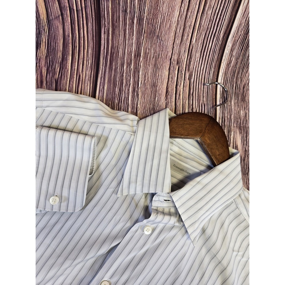 Ermenegildo Zegna Dress Shirt Mens XL White Stripe Cotton Long Sleeve Button Up - Picture 2 of 10
